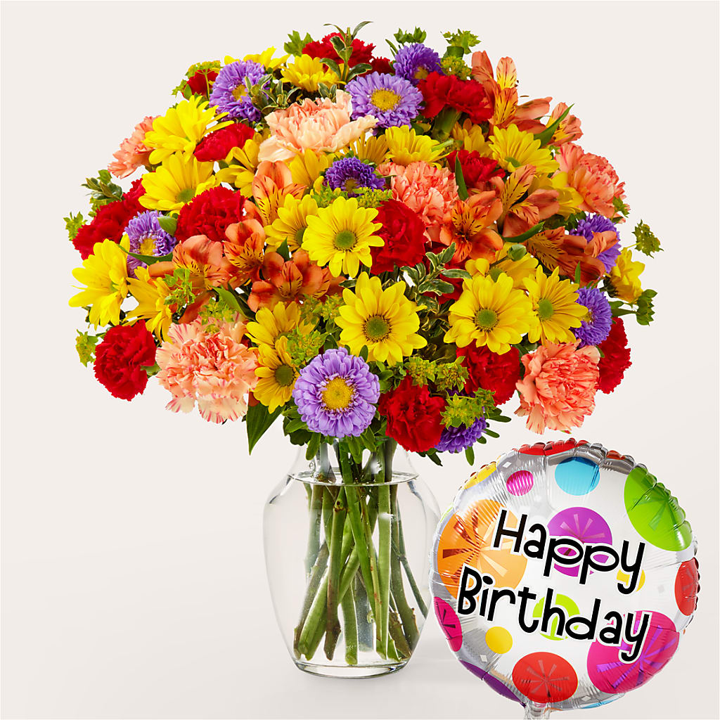 Kaleidoscope Bouquet with Birthday Balloon – Lily And Rose, Nashville TN