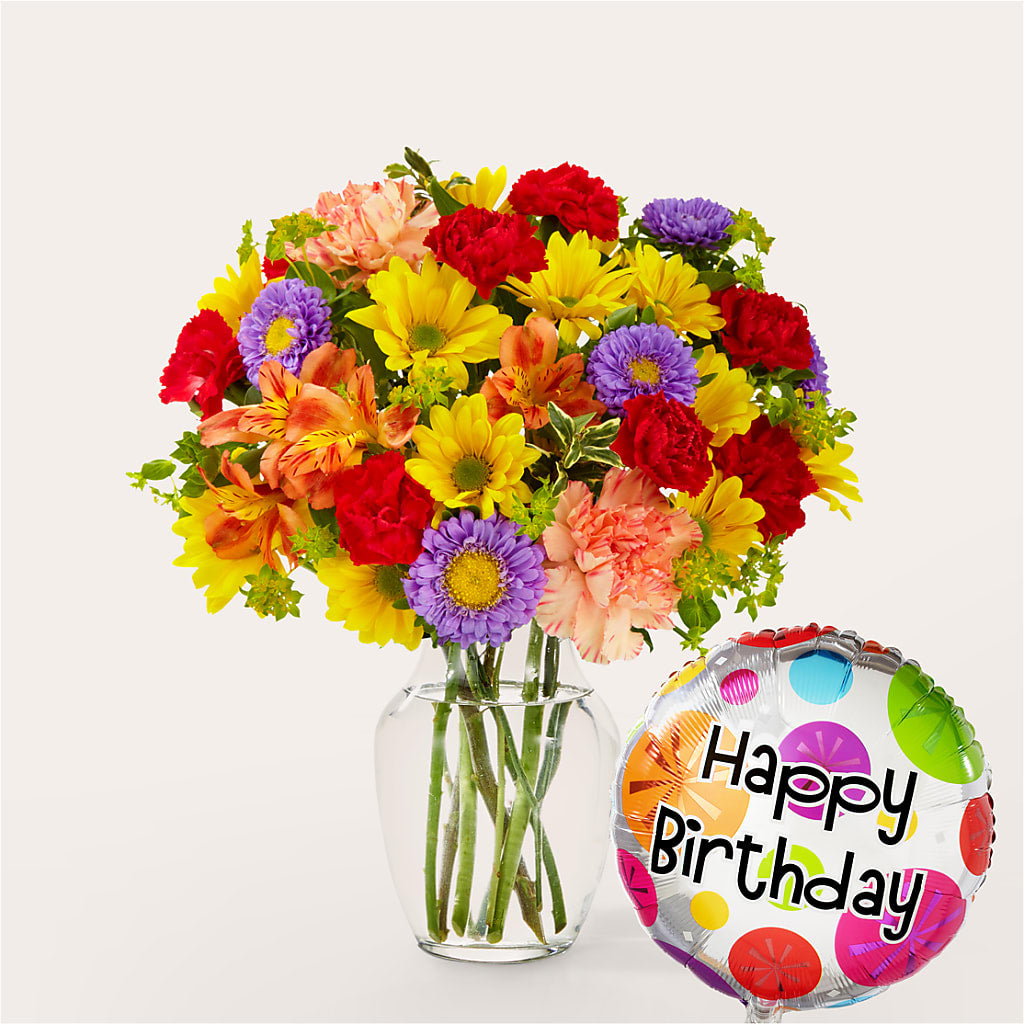Kaleidoscope Bouquet with Birthday Balloon – Lily And Rose, Nashville TN