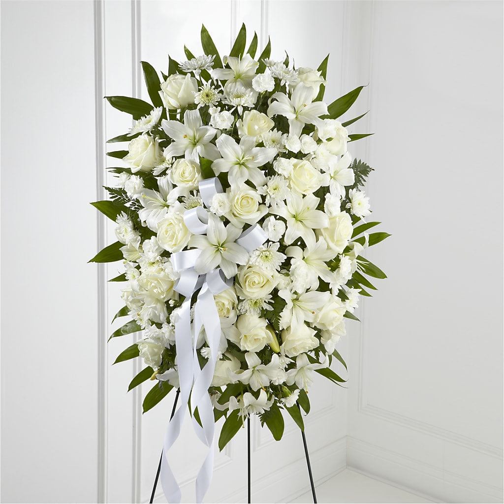 Exquisite Tribute Standing Spray-White Ribbon – Lily And Rose, Nashville TN